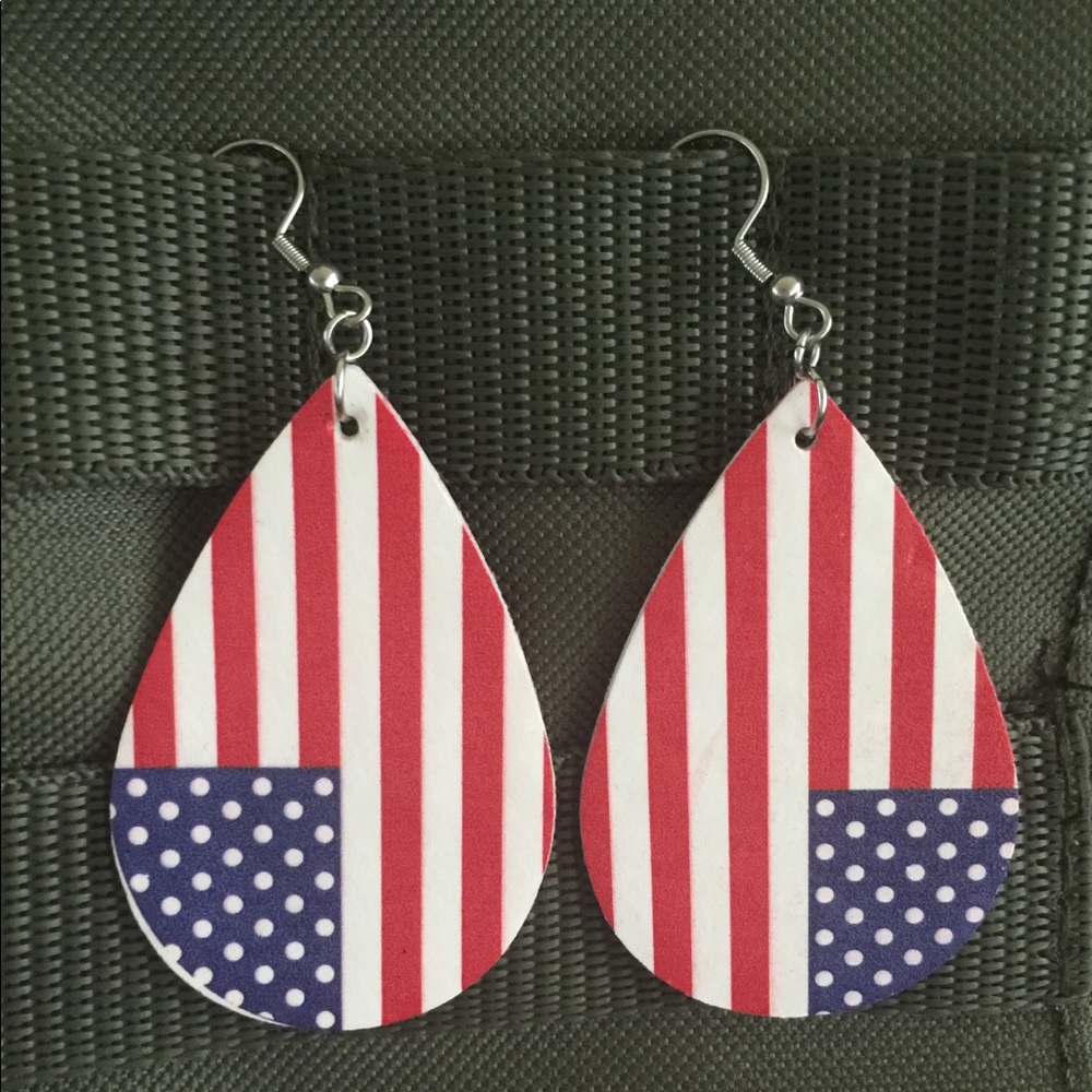 Leather Faux Red, White & Blue Teardrop Earrings.